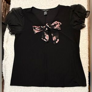 Adele & May Black Puff Sleeve Floral Bow Blouse XL